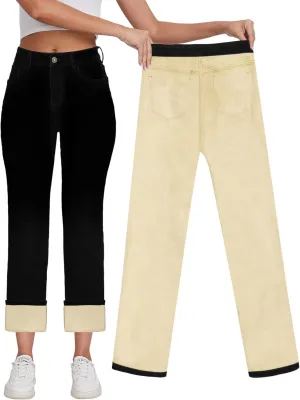 KDF Women's Fleece Lined Jeans Women High Waisted Straight Leg Jeans Winter Fleece Lined Jean Pants