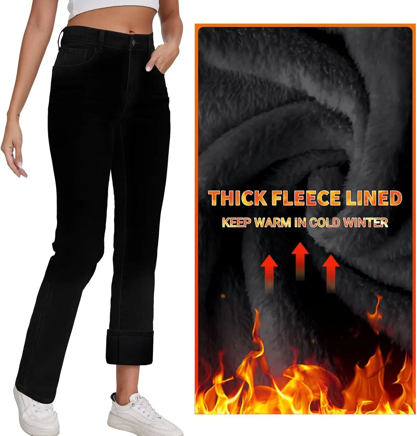 KDF Women's Fleece Lined Jeans Women High Waisted Straight Leg Jeans Winter Fleece Lined Jean Pants