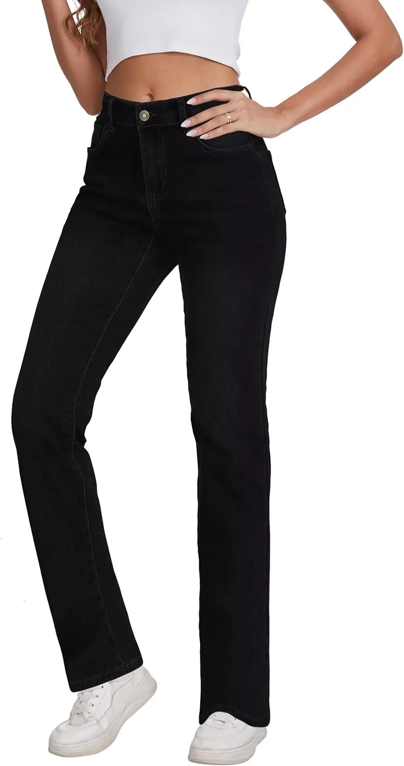 KDF Women's Fleece Lined Jeans Women High Waisted Straight Leg Jeans Winter Fleece Lined Jean Pants