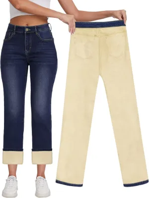 KDF Women's Fleece Lined Jeans Women High Waisted Straight Leg Jeans Winter Fleece Lined Jean Pants