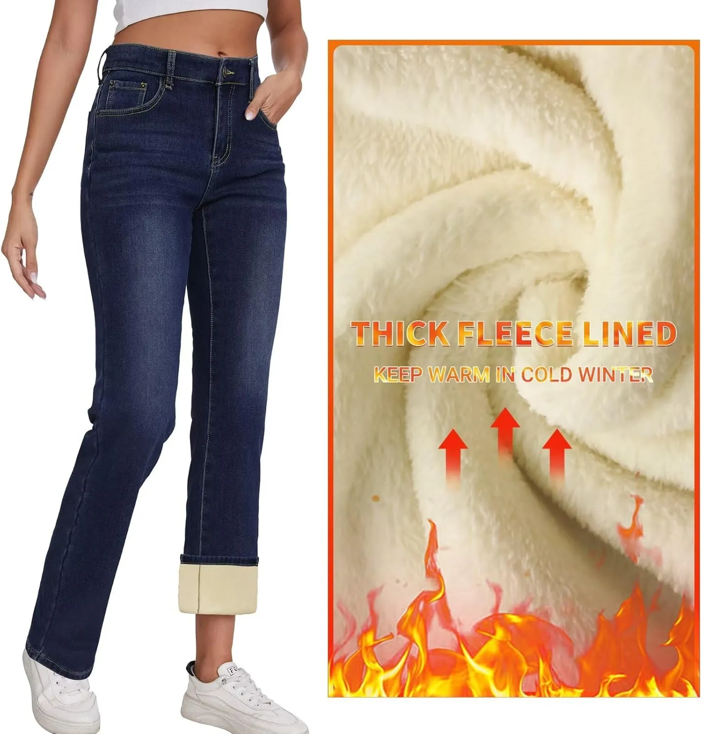 KDF Women's Fleece Lined Jeans Women High Waisted Straight Leg Jeans Winter Fleece Lined Jean Pants