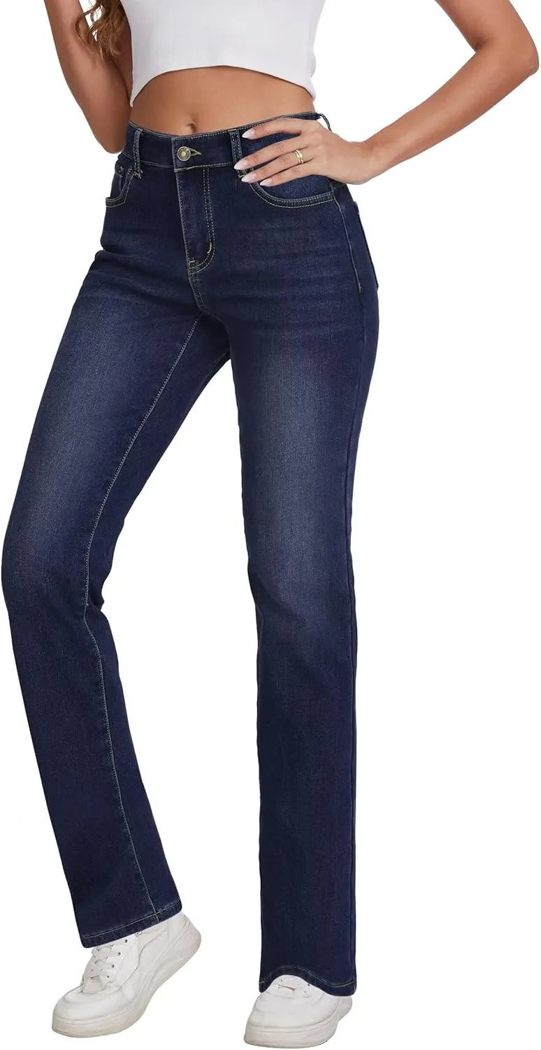 KDF Women's Fleece Lined Jeans Women High Waisted Straight Leg Jeans Winter Fleece Lined Jean Pants