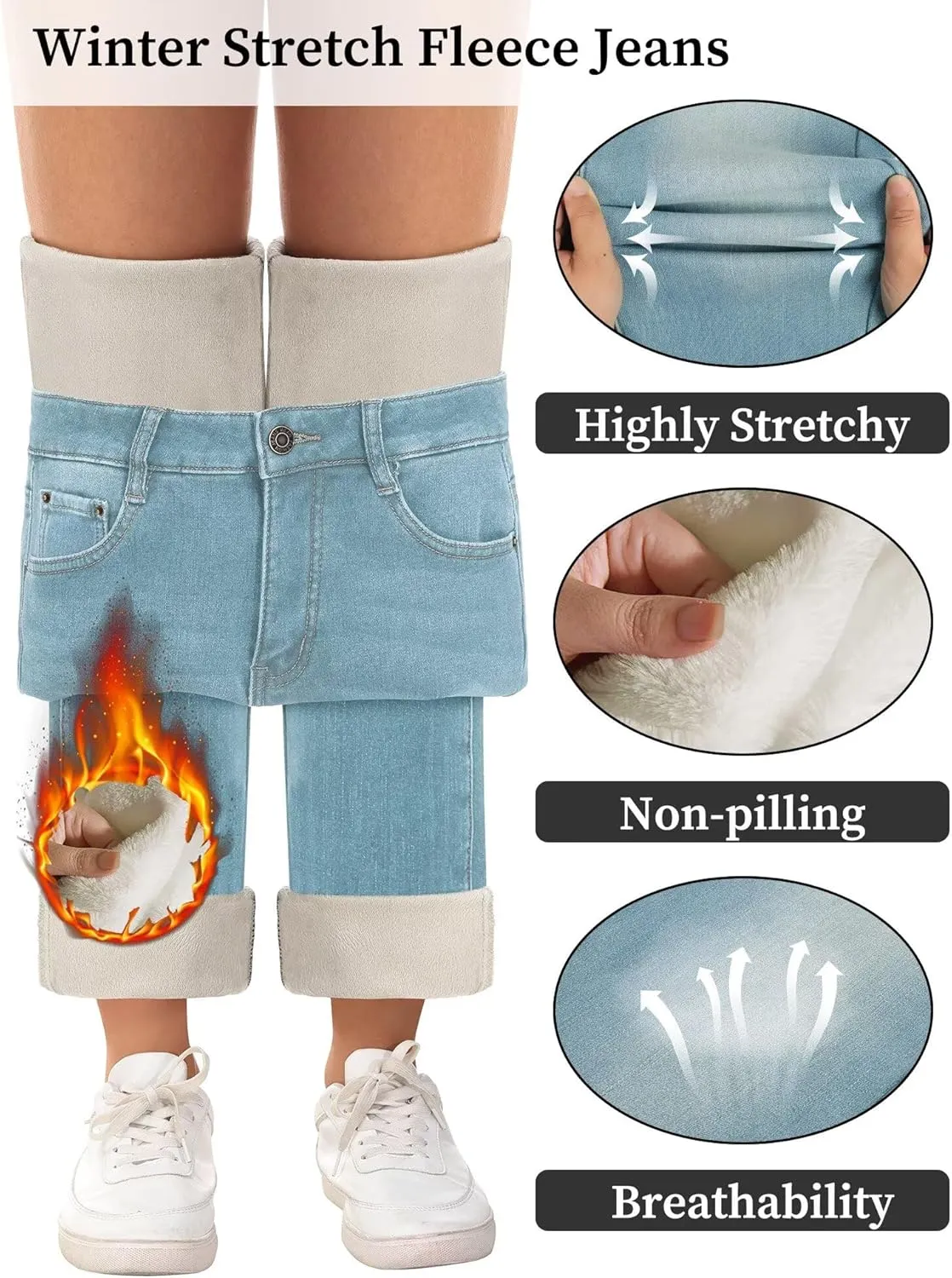KDF Women's Fleece Lined Jeans Women Straight Leg Winter Fleece Lined Pants High Waist Lined Jeans Heated Denim Pants
