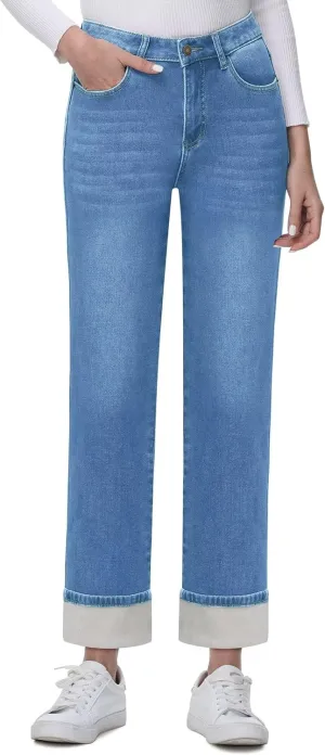 KDF Women's Fleece Lined Jeans Women Straight Leg Winter Fleece Lined Pants High Waist Lined Jeans Heated Denim Pants
