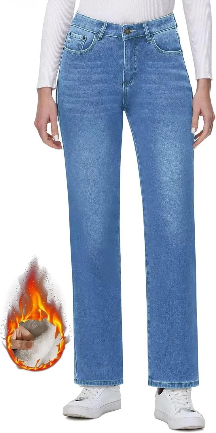 KDF Women's Fleece Lined Jeans Women Straight Leg Winter Fleece Lined Pants High Waist Lined Jeans Heated Denim Pants