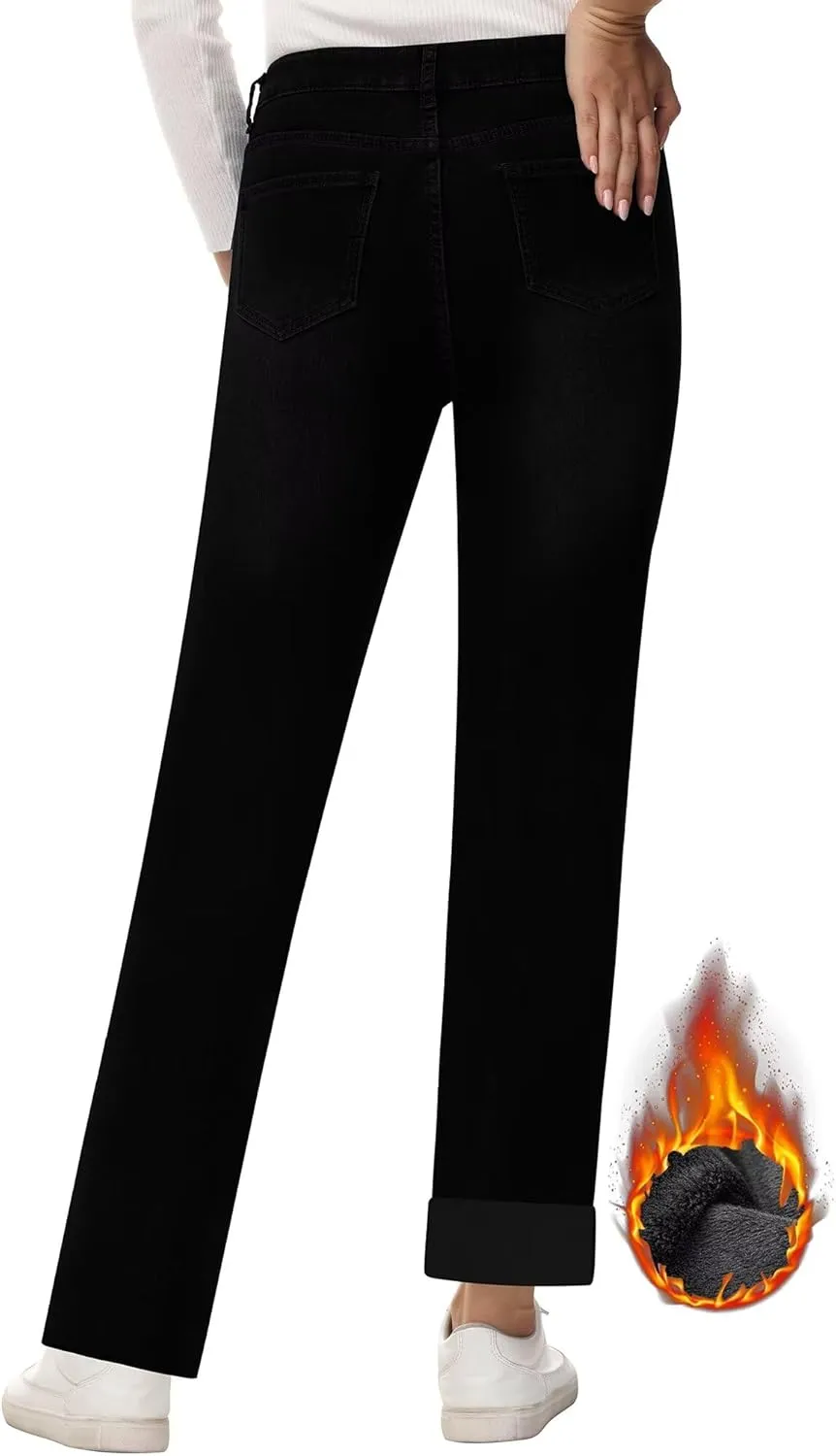 KDF Women's Fleece Lined Jeans Women Straight Leg Winter Fleece Lined Pants High Waist Lined Jeans Heated Denim Pants
