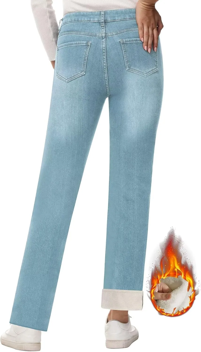 KDF Women's Fleece Lined Jeans Women Straight Leg Winter Fleece Lined Pants High Waist Lined Jeans Heated Denim Pants