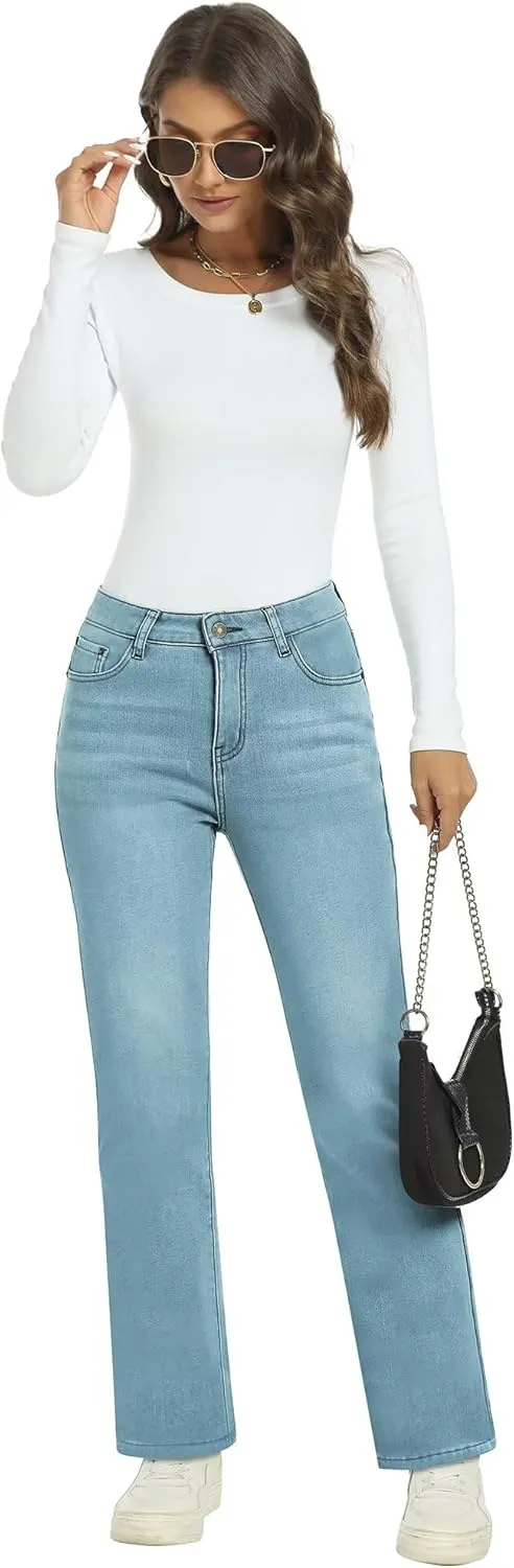 KDF Women's Fleece Lined Jeans Women Straight Leg Winter Fleece Lined Pants High Waist Lined Jeans Heated Denim Pants