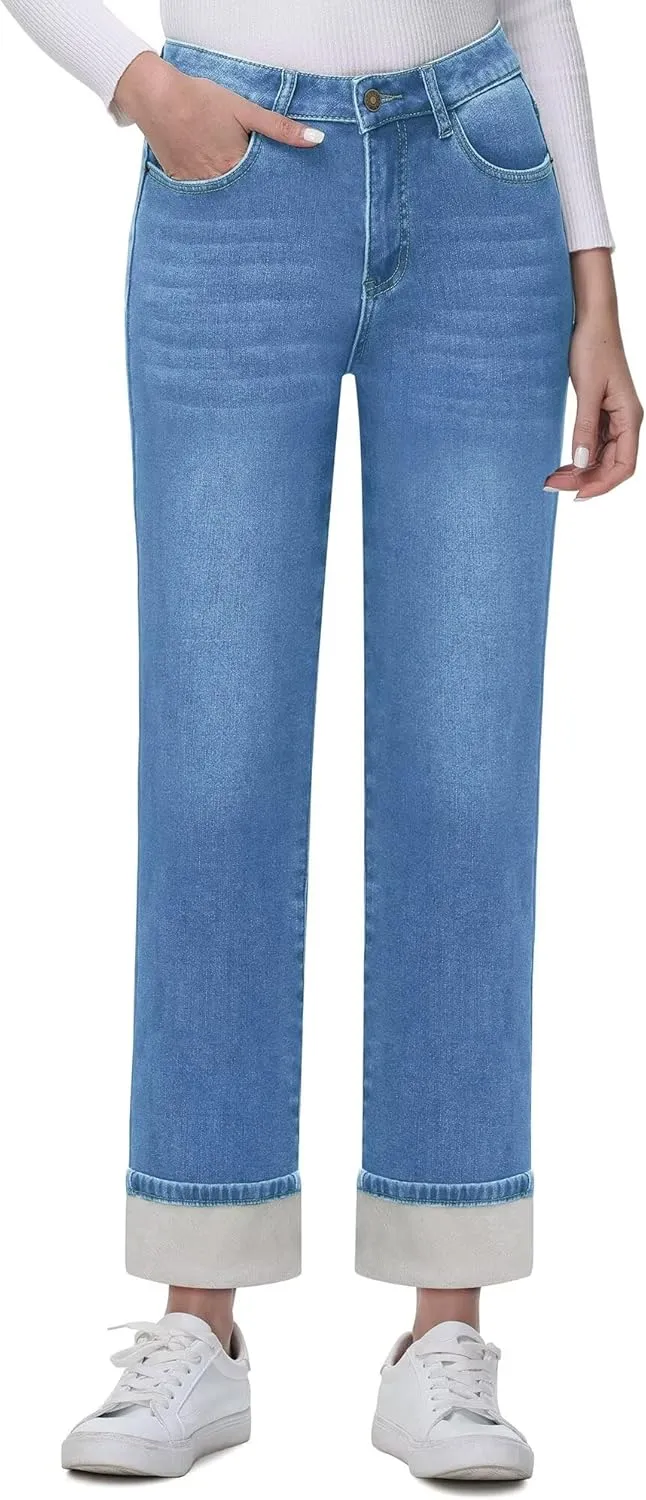 KDF Women's Fleece Lined Jeans Women Straight Leg Winter Fleece Lined Pants High Waist Lined Jeans Heated Denim Pants