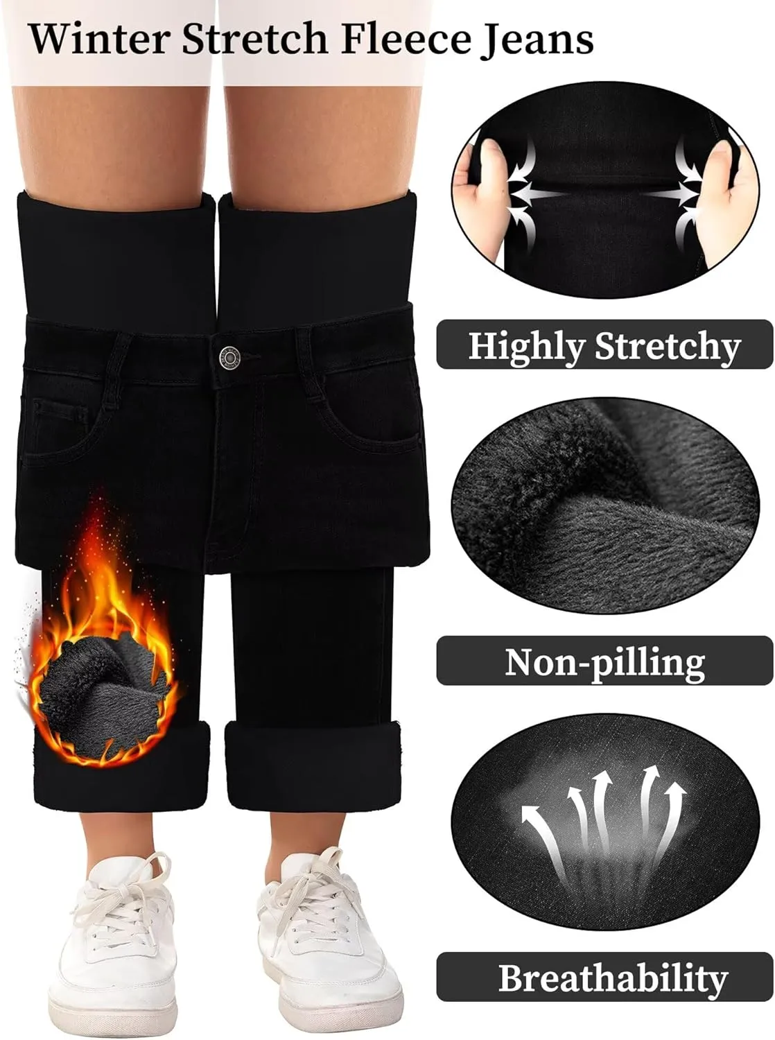 KDF Women's Fleece Lined Jeans Women Straight Leg Winter Fleece Lined Pants High Waist Lined Jeans Heated Denim Pants
