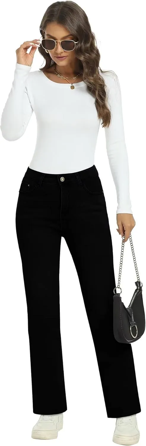 KDF Women's Fleece Lined Jeans Women Straight Leg Winter Fleece Lined Pants High Waist Lined Jeans Heated Denim Pants