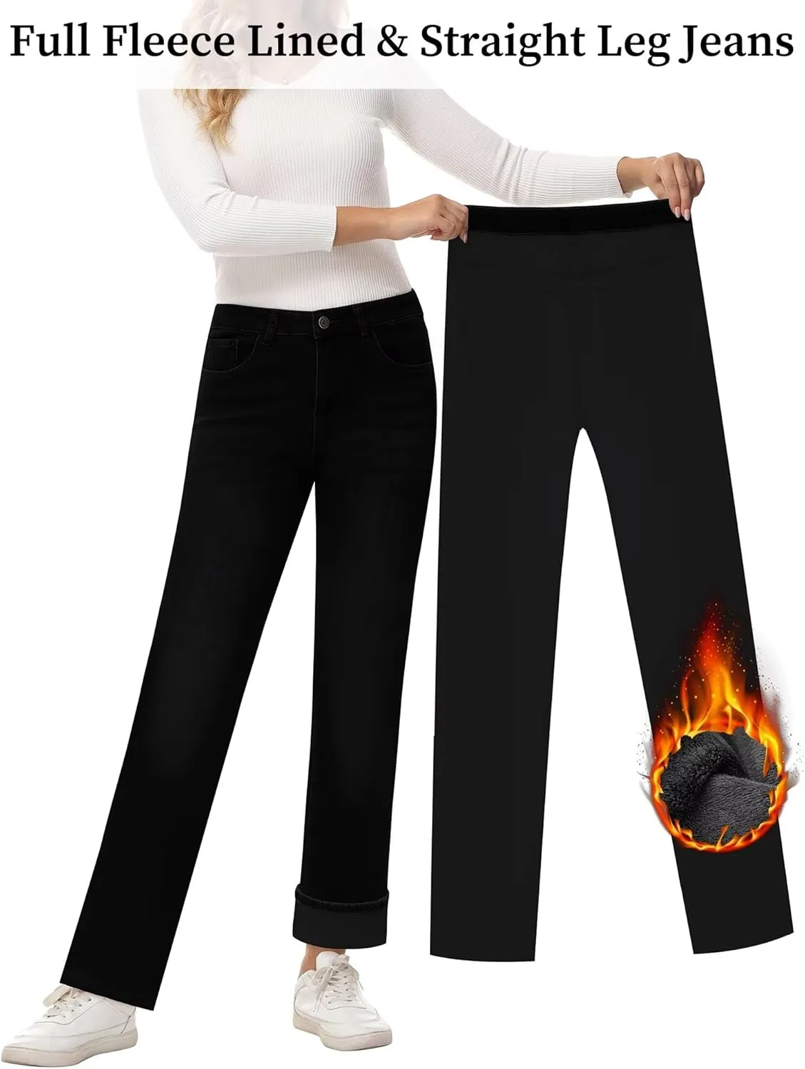 KDF Women's Fleece Lined Jeans Women Straight Leg Winter Fleece Lined Pants High Waist Lined Jeans Heated Denim Pants