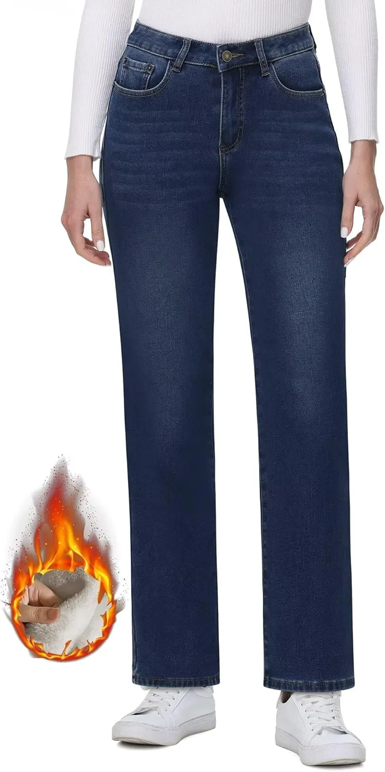 KDF Women's Fleece Lined Jeans Women Straight Leg Winter Fleece Lined Pants High Waist Lined Jeans Heated Denim Pants