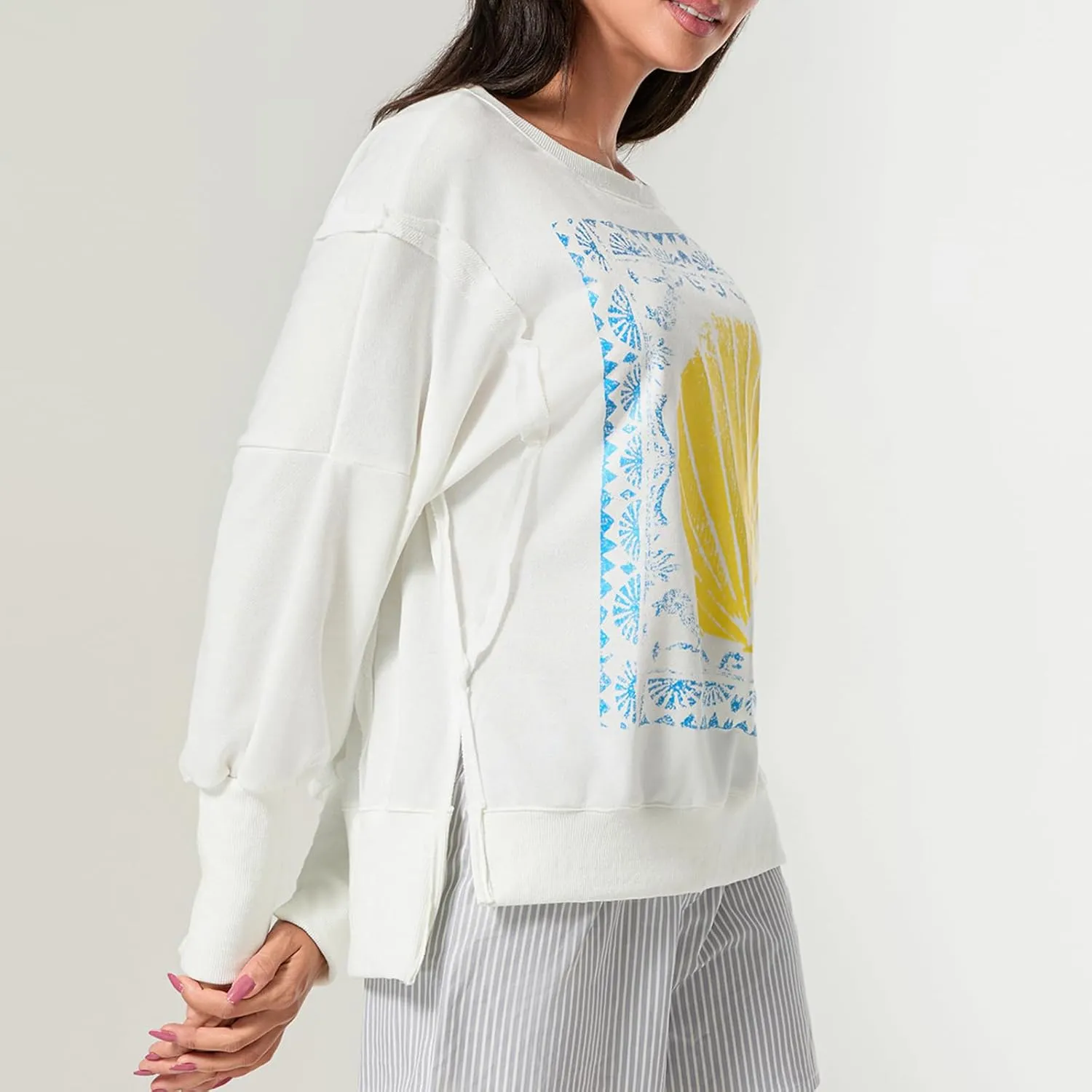KOSUSANILL Womens Oversized Crewneck Sweatshirt Y2k Long Sleeve Pullovers Striped Retro Aesthetic Vintage Hoodie Sweater Tops