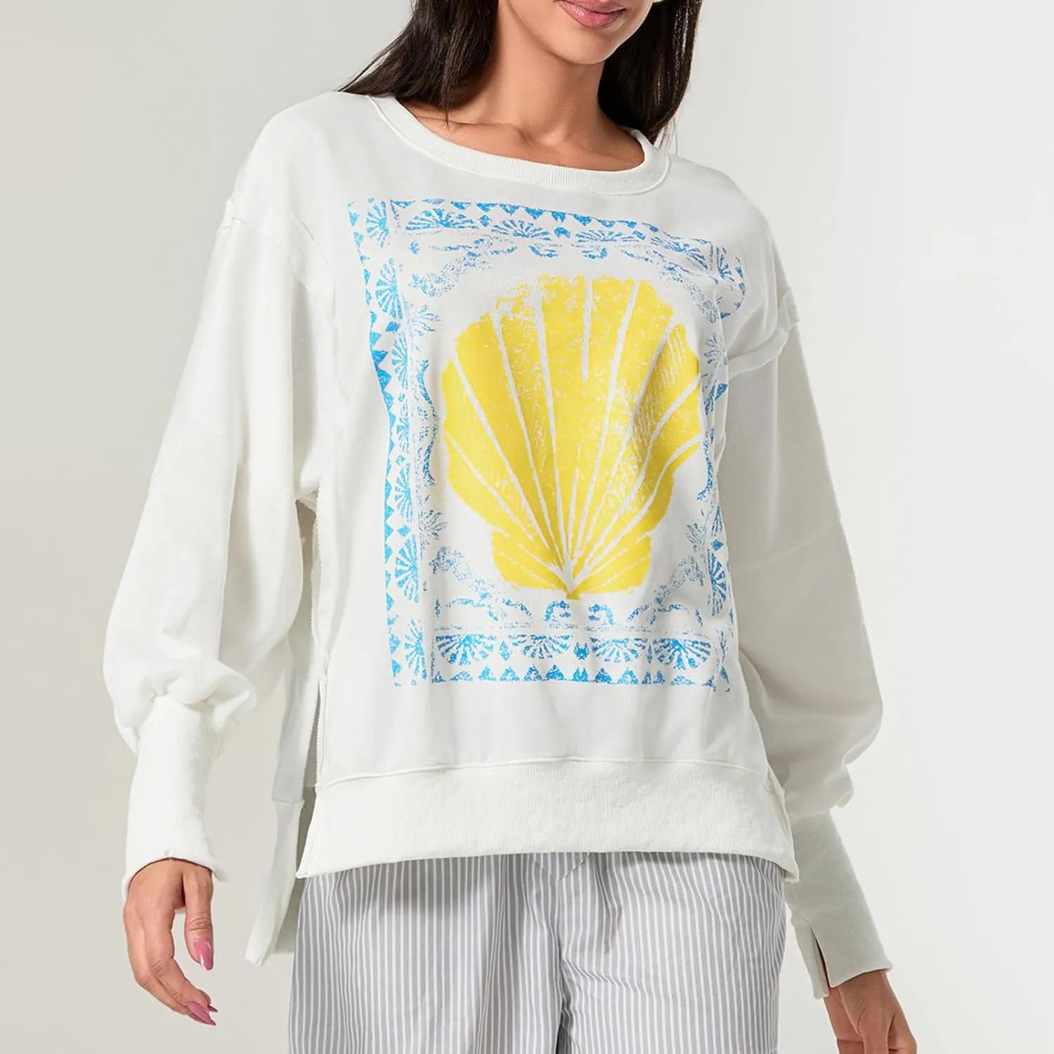 KOSUSANILL Womens Oversized Crewneck Sweatshirt Y2k Long Sleeve Pullovers Striped Retro Aesthetic Vintage Hoodie Sweater Tops