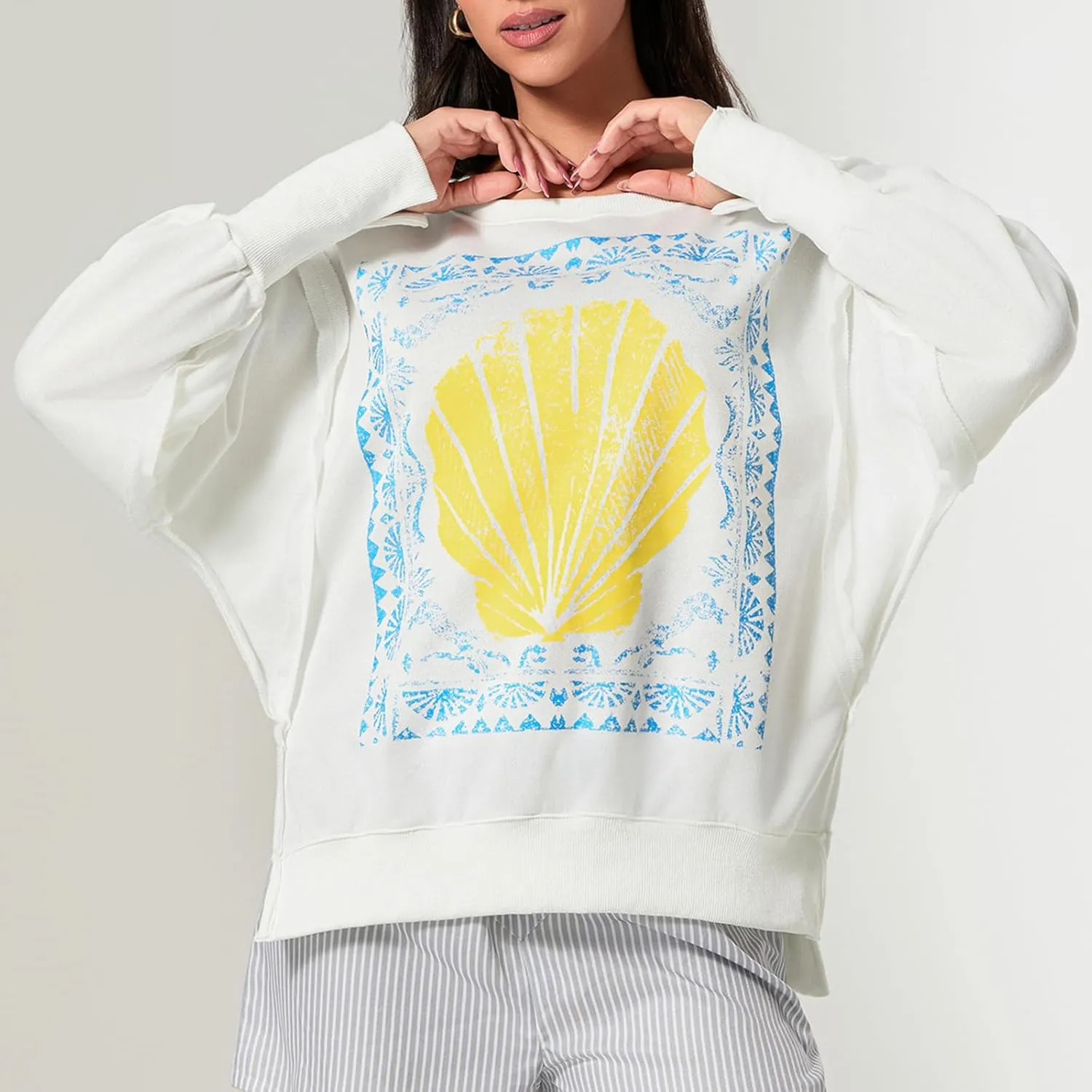 KOSUSANILL Womens Oversized Crewneck Sweatshirt Y2k Long Sleeve Pullovers Striped Retro Aesthetic Vintage Hoodie Sweater Tops