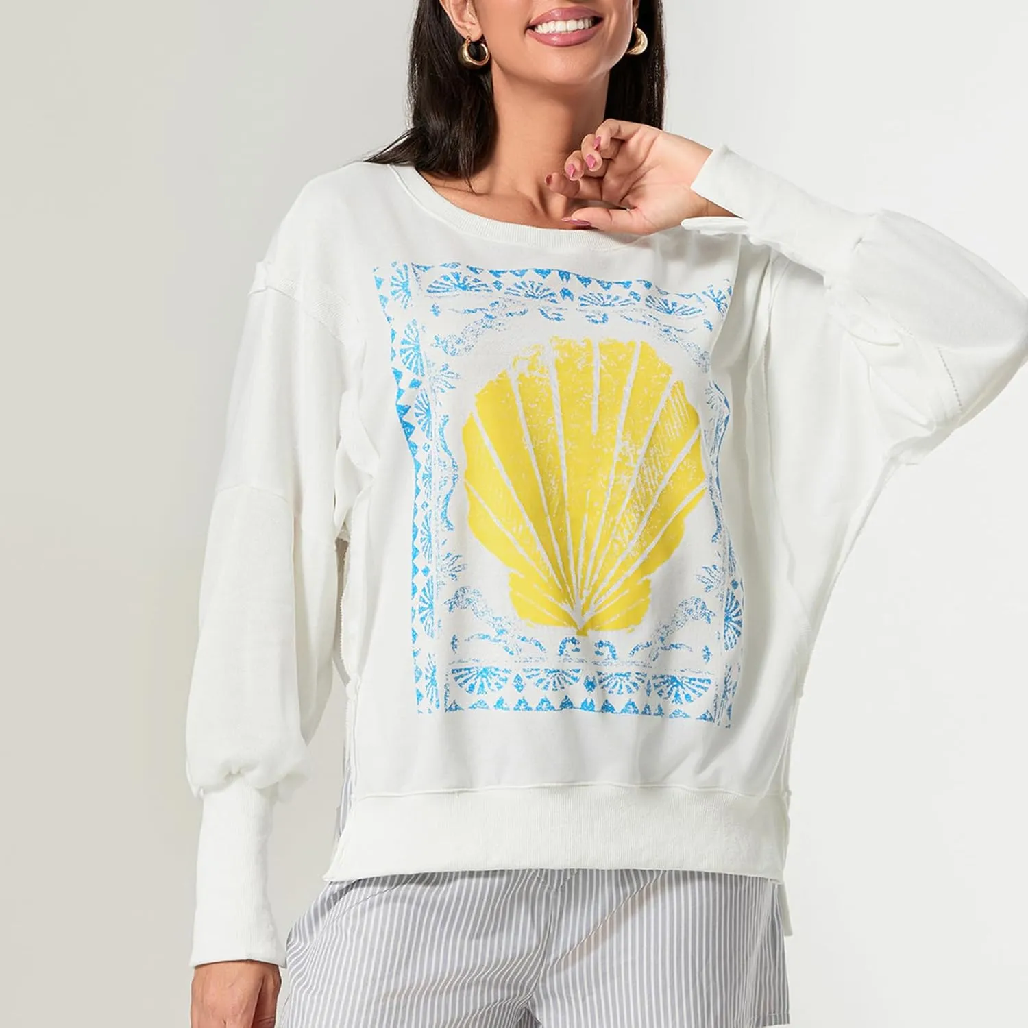 KOSUSANILL Womens Oversized Crewneck Sweatshirt Y2k Long Sleeve Pullovers Striped Retro Aesthetic Vintage Hoodie Sweater Tops