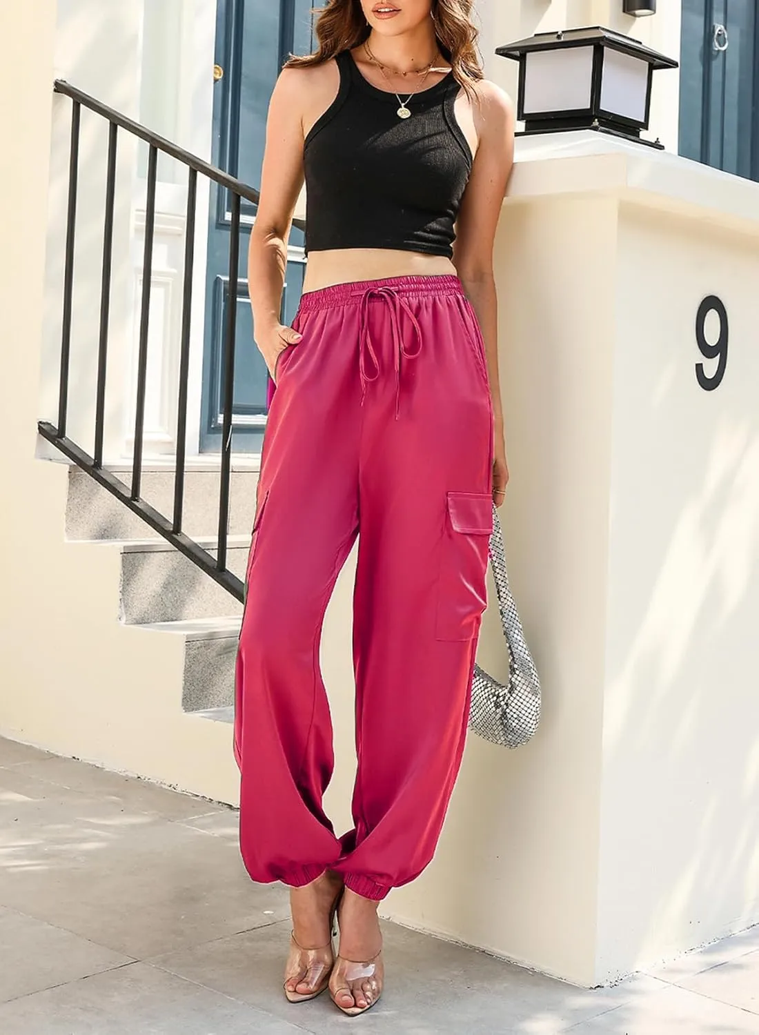 LAFOURAM Satin Cargo Pants for Women Drawstring Elastic High Waisted Joggers Trousers with Pockets