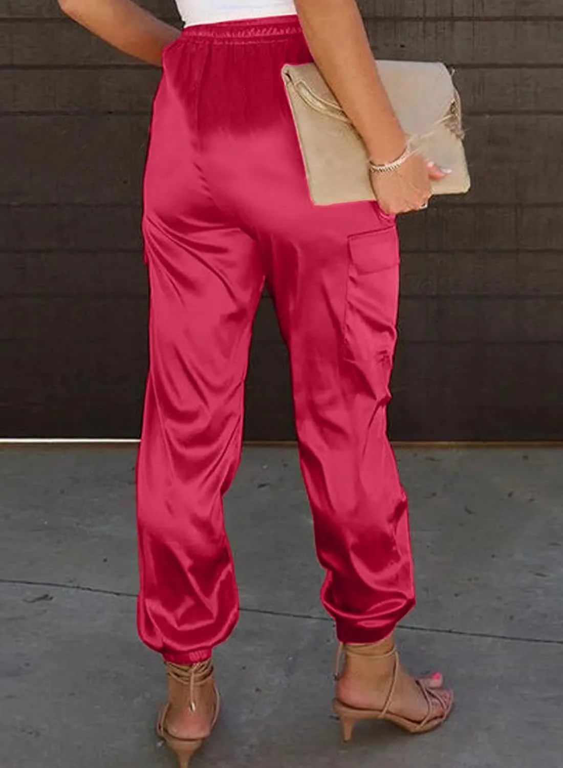 LAFOURAM Satin Cargo Pants for Women Drawstring Elastic High Waisted Joggers Trousers with Pockets