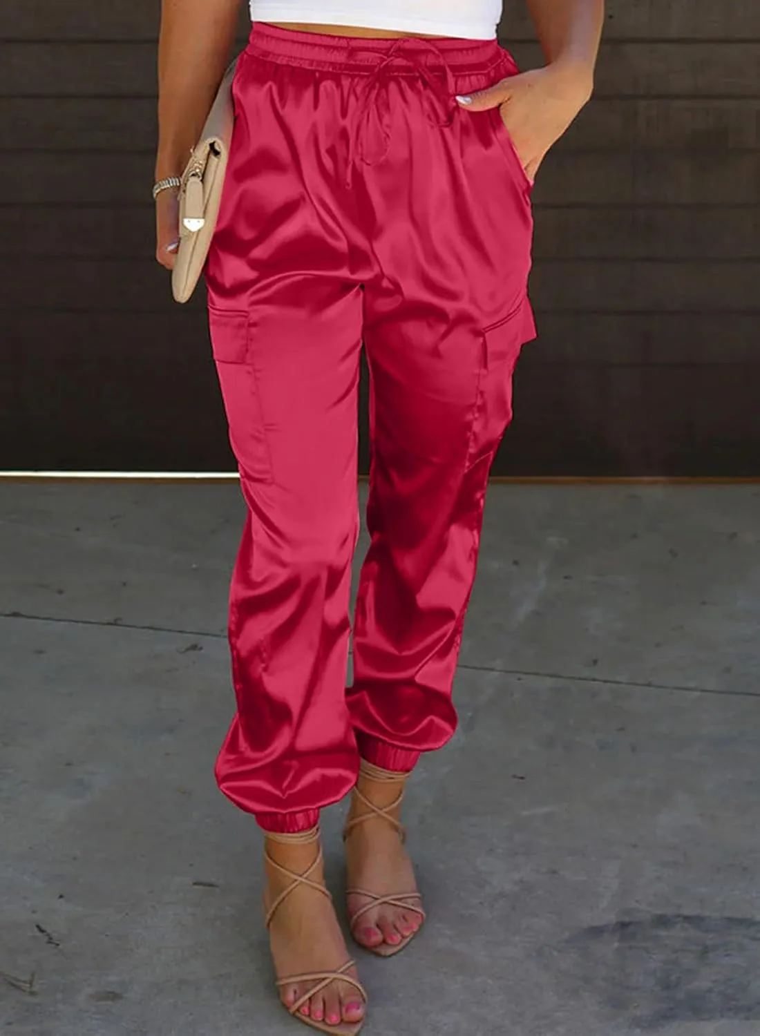 LAFOURAM Satin Cargo Pants for Women Drawstring Elastic High Waisted Joggers Trousers with Pockets