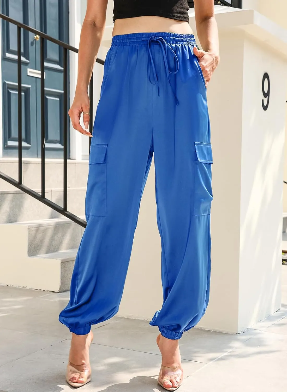 LAFOURAM Satin Cargo Pants for Women Drawstring Elastic High Waisted Joggers Trousers with Pockets