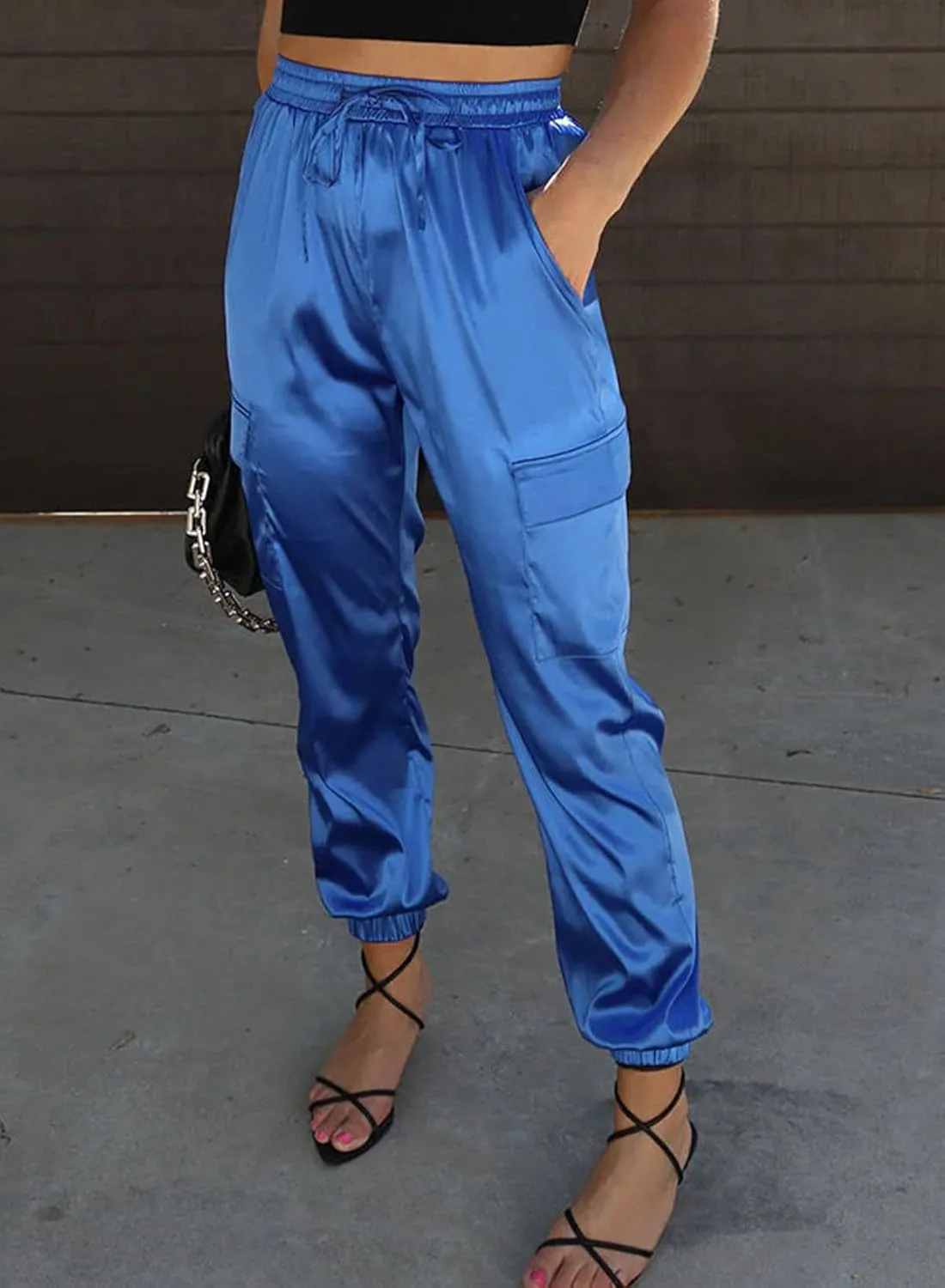 LAFOURAM Satin Cargo Pants for Women Drawstring Elastic High Waisted Joggers Trousers with Pockets
