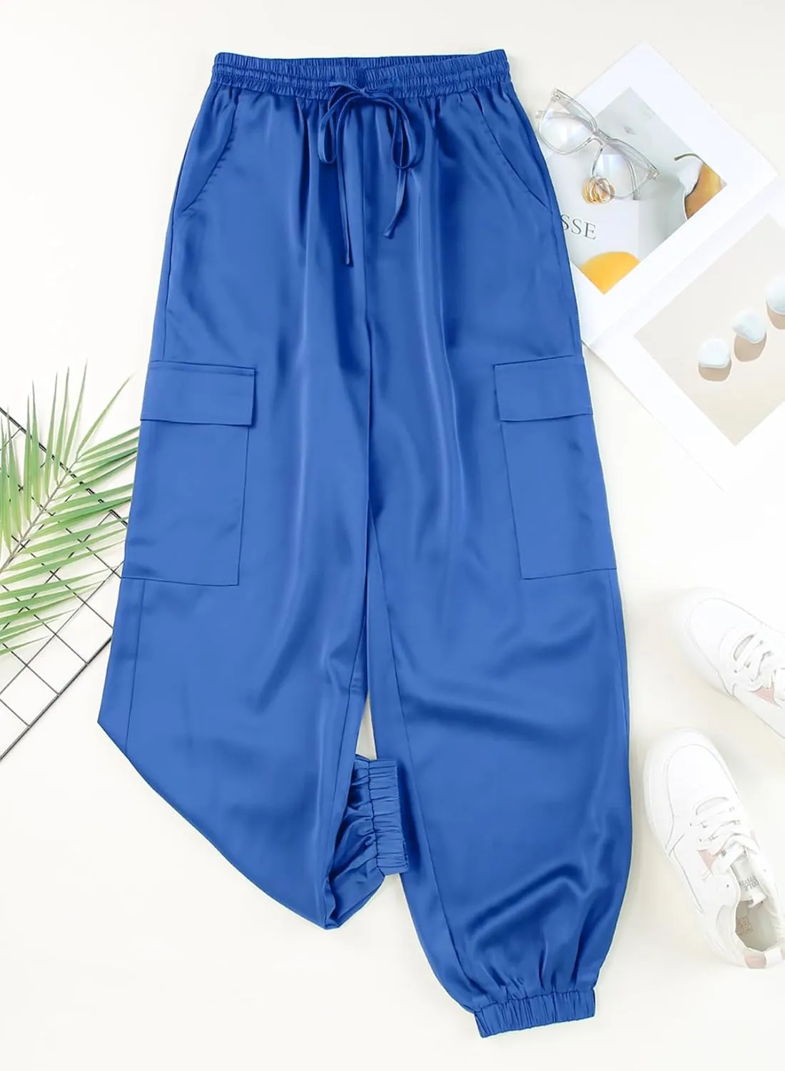 LAFOURAM Satin Cargo Pants for Women Drawstring Elastic High Waisted Joggers Trousers with Pockets