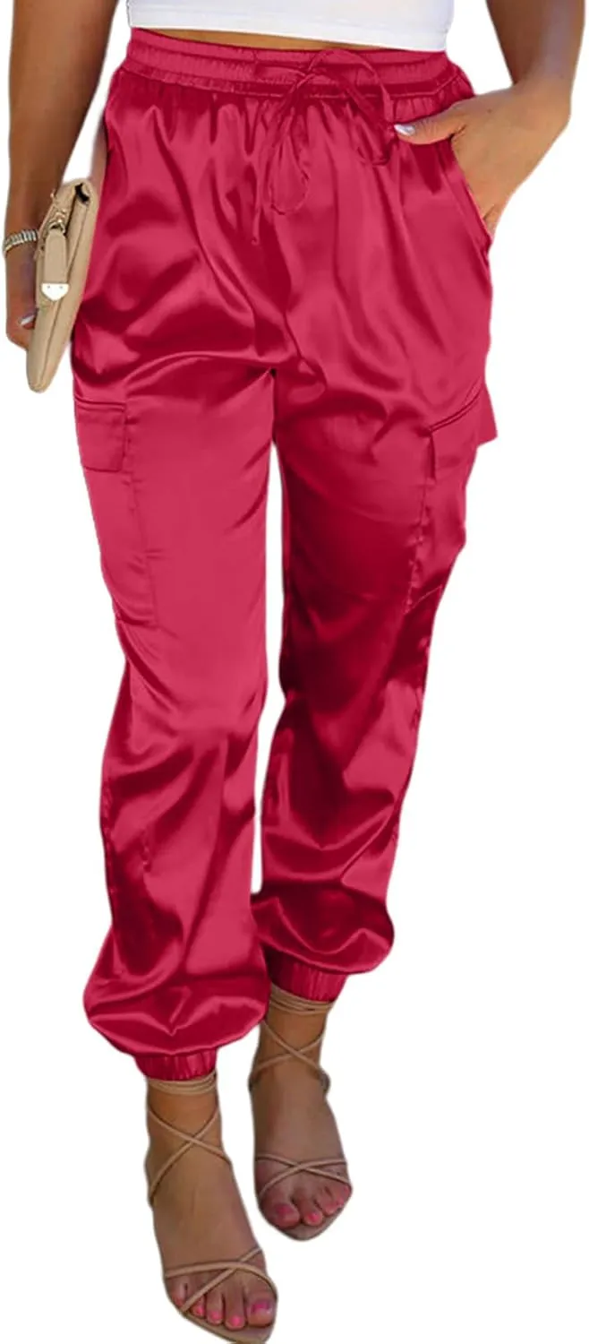 LAFOURAM Satin Cargo Pants for Women Drawstring Elastic High Waisted Joggers Trousers with Pockets