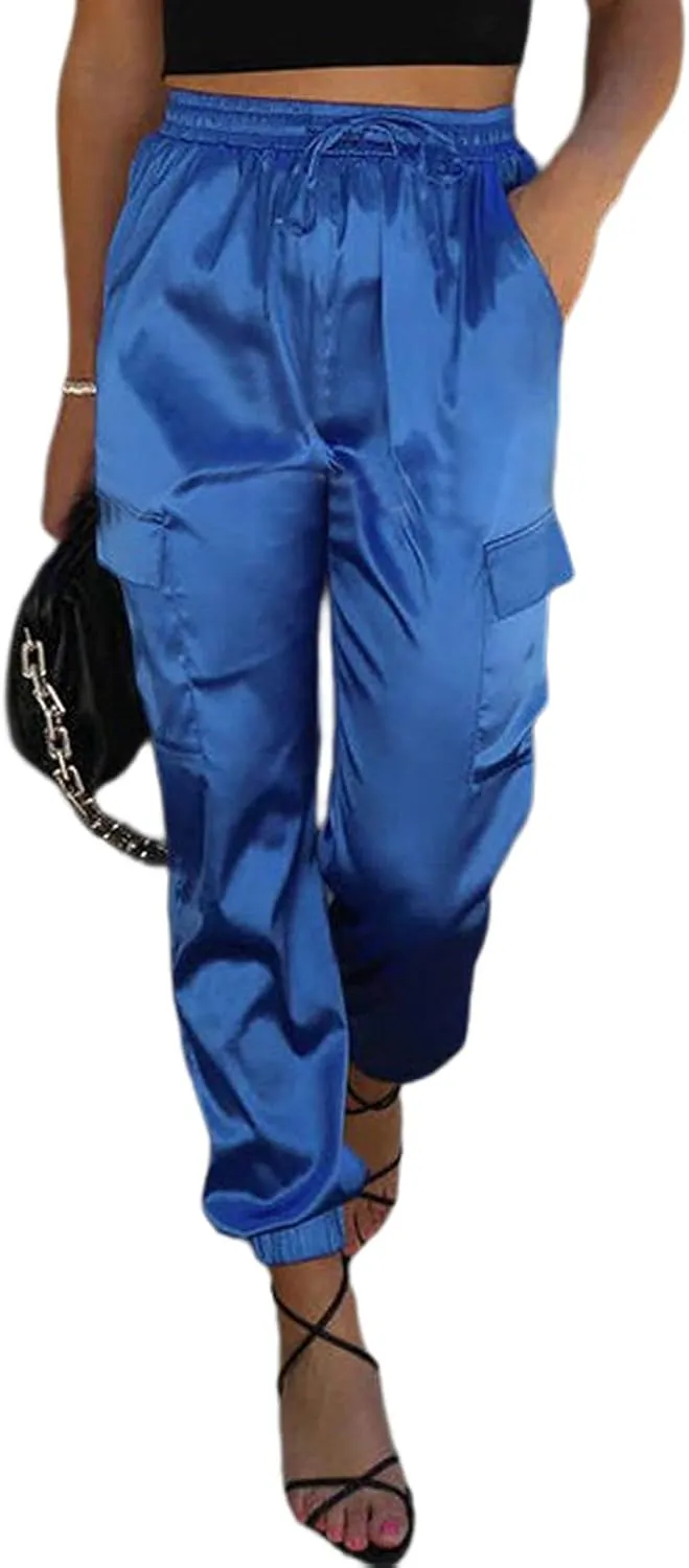 LAFOURAM Satin Cargo Pants for Women Drawstring Elastic High Waisted Joggers Trousers with Pockets
