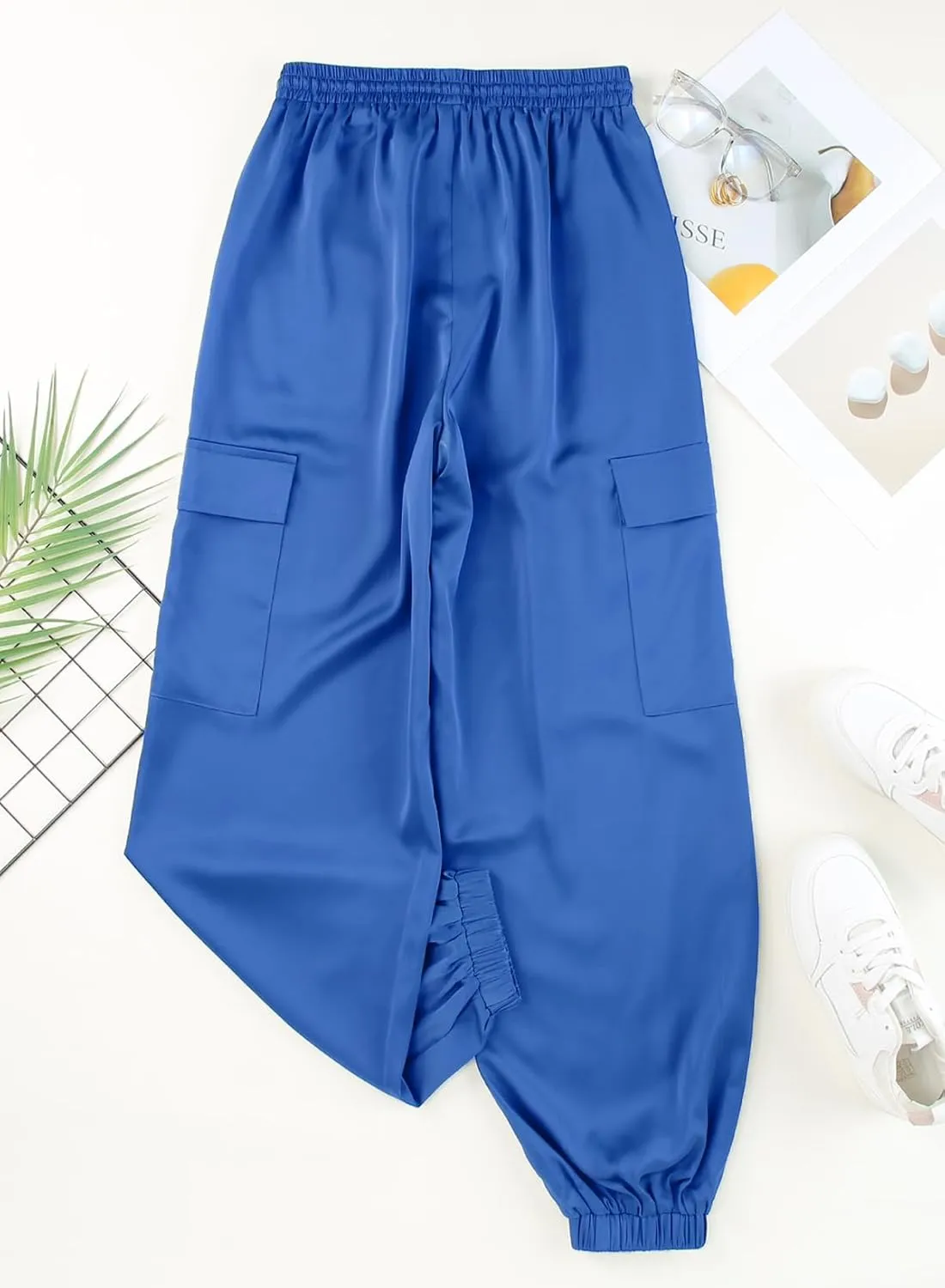 LAFOURAM Satin Cargo Pants for Women Drawstring Elastic High Waisted Joggers Trousers with Pockets