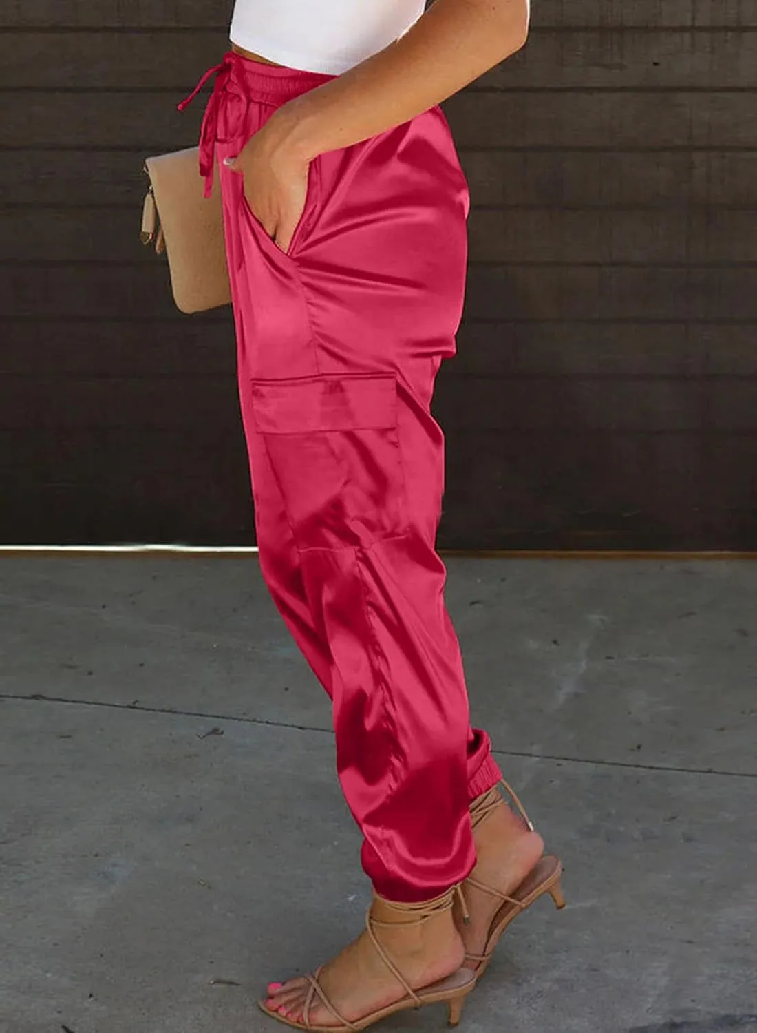 LAFOURAM Satin Cargo Pants for Women Drawstring Elastic High Waisted Joggers Trousers with Pockets