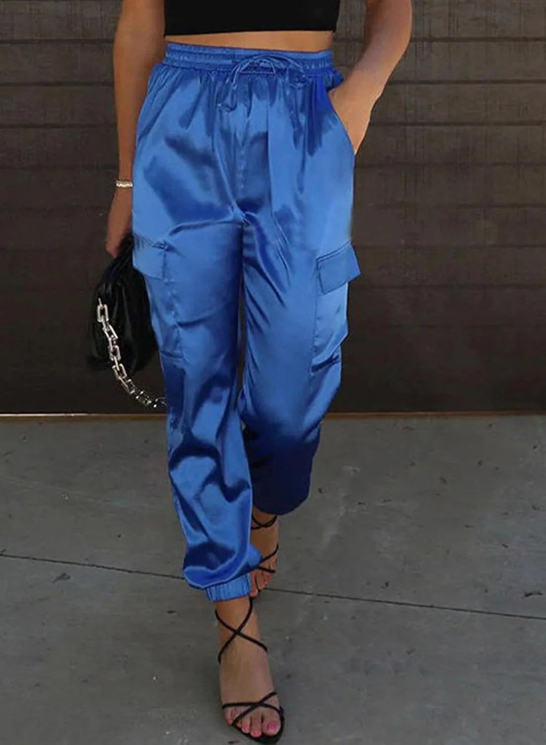 LAFOURAM Satin Cargo Pants for Women Drawstring Elastic High Waisted Joggers Trousers with Pockets