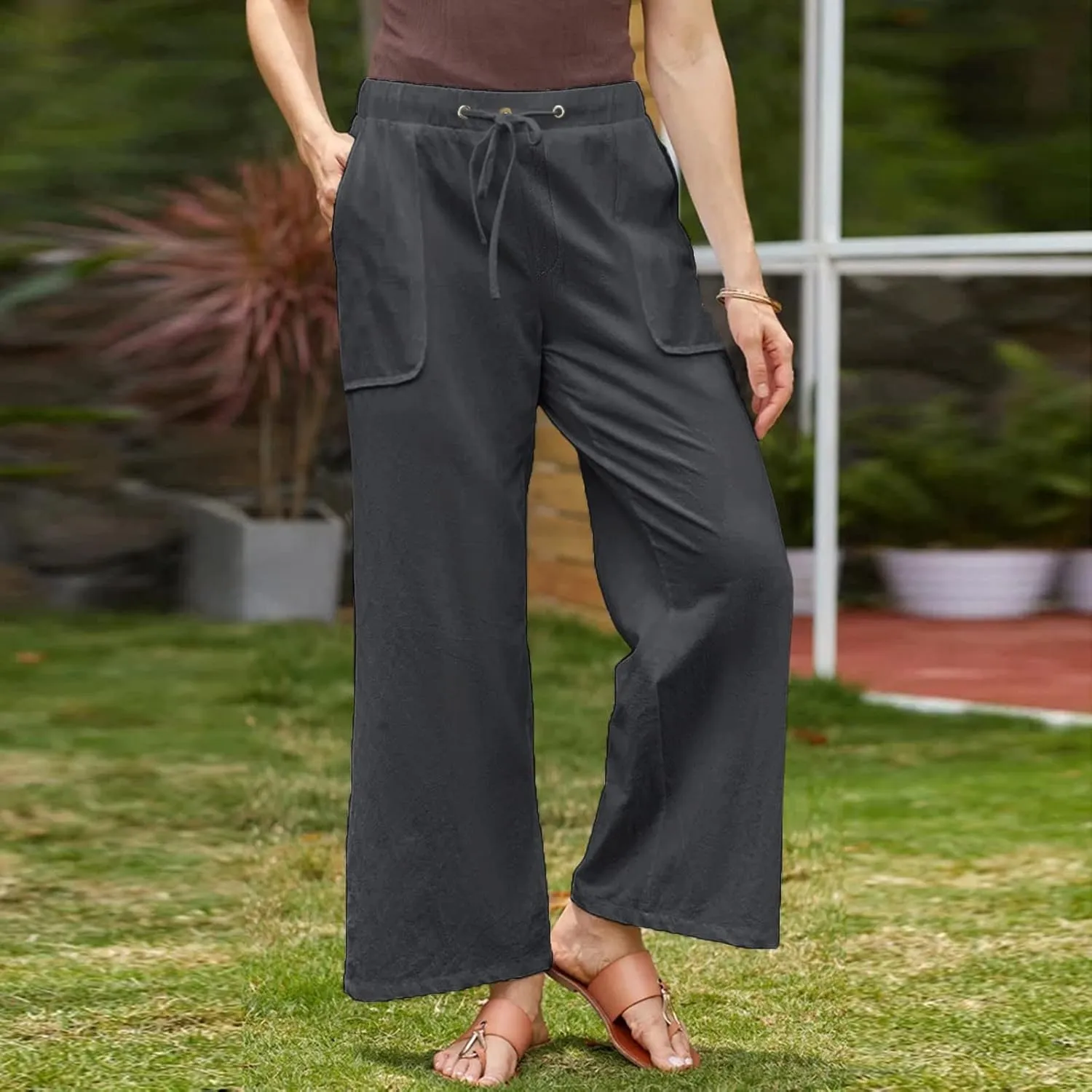 Linen Pants Women 2025 Casual Hight Waist Drawstring Joggers Plus Size Loose Wide Leg Baggy Summer Solid Linen Pants