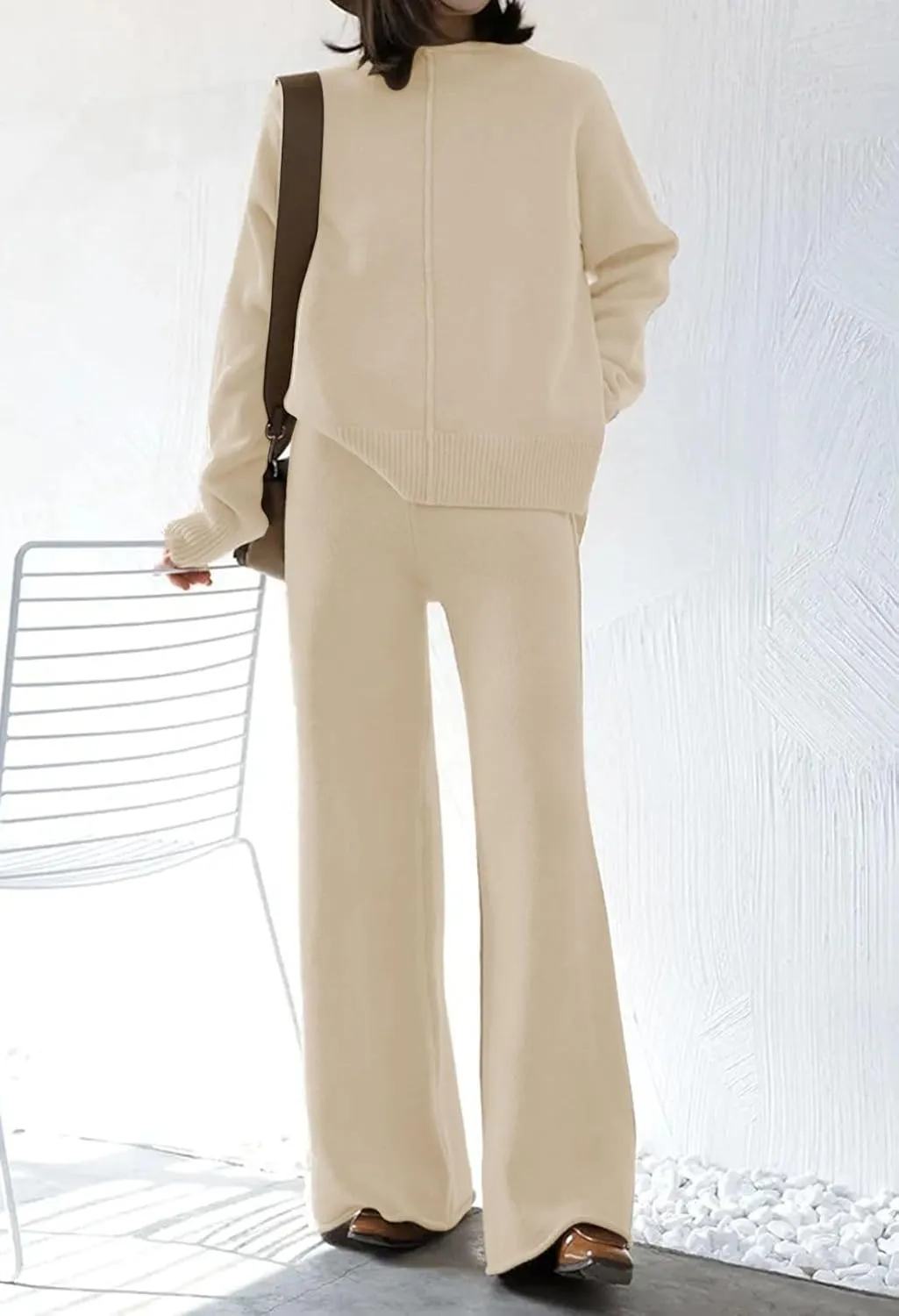 Linsery Women 2 Piece Outfits High Neck Knitted Sweater Wide Leg Pant Sweatsuit Lounge Sets