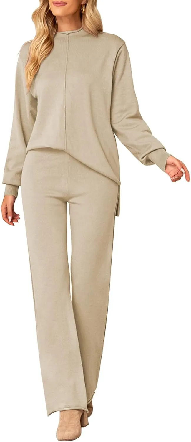 Linsery Women 2 Piece Outfits High Neck Knitted Sweater Wide Leg Pant Sweatsuit Lounge Sets