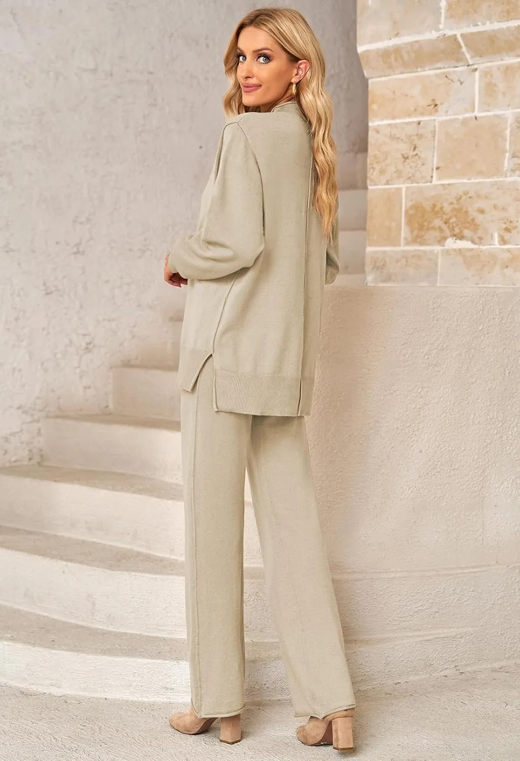 Linsery Women 2 Piece Outfits High Neck Knitted Sweater Wide Leg Pant Sweatsuit Lounge Sets