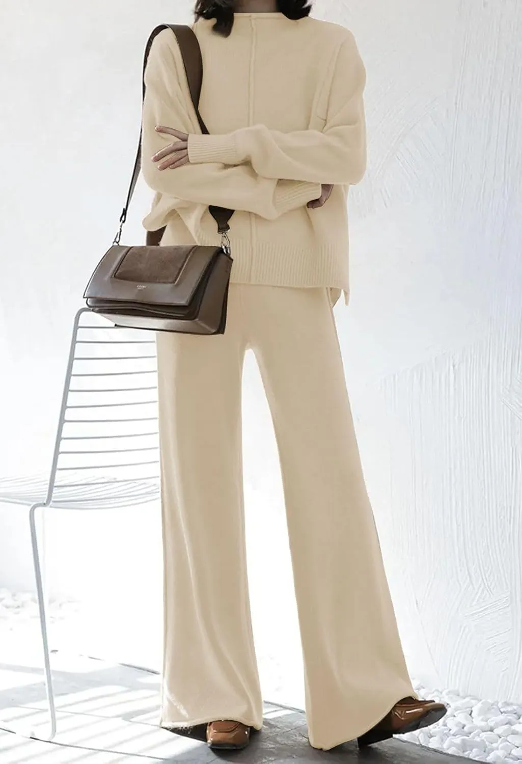 Linsery Women 2 Piece Outfits High Neck Knitted Sweater Wide Leg Pant Sweatsuit Lounge Sets