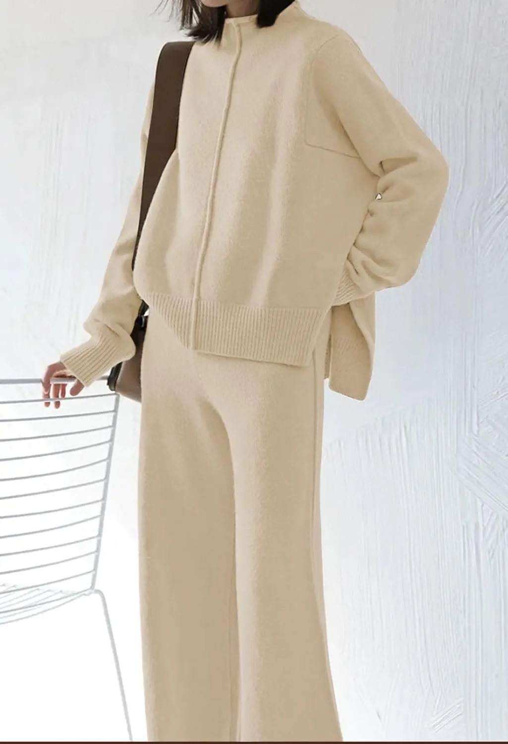 Linsery Women 2 Piece Outfits High Neck Knitted Sweater Wide Leg Pant Sweatsuit Lounge Sets