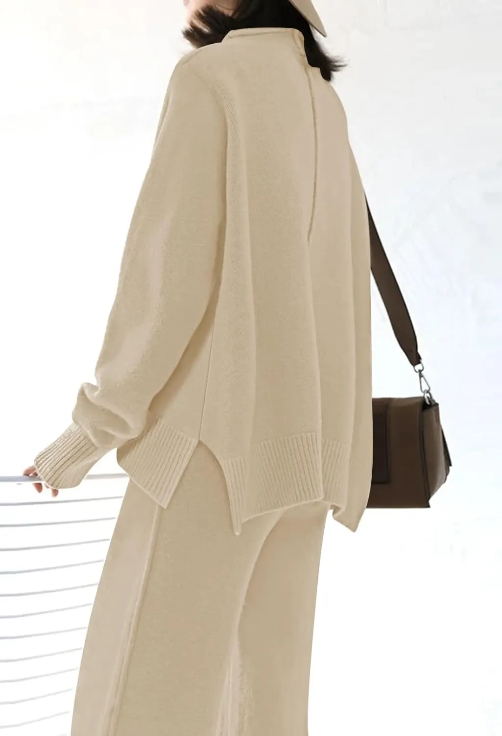 Linsery Women 2 Piece Outfits High Neck Knitted Sweater Wide Leg Pant Sweatsuit Lounge Sets