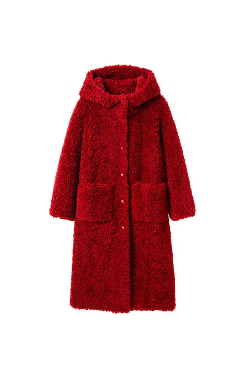 Long Faux Shearling Hooded Teddy Wool Coat
