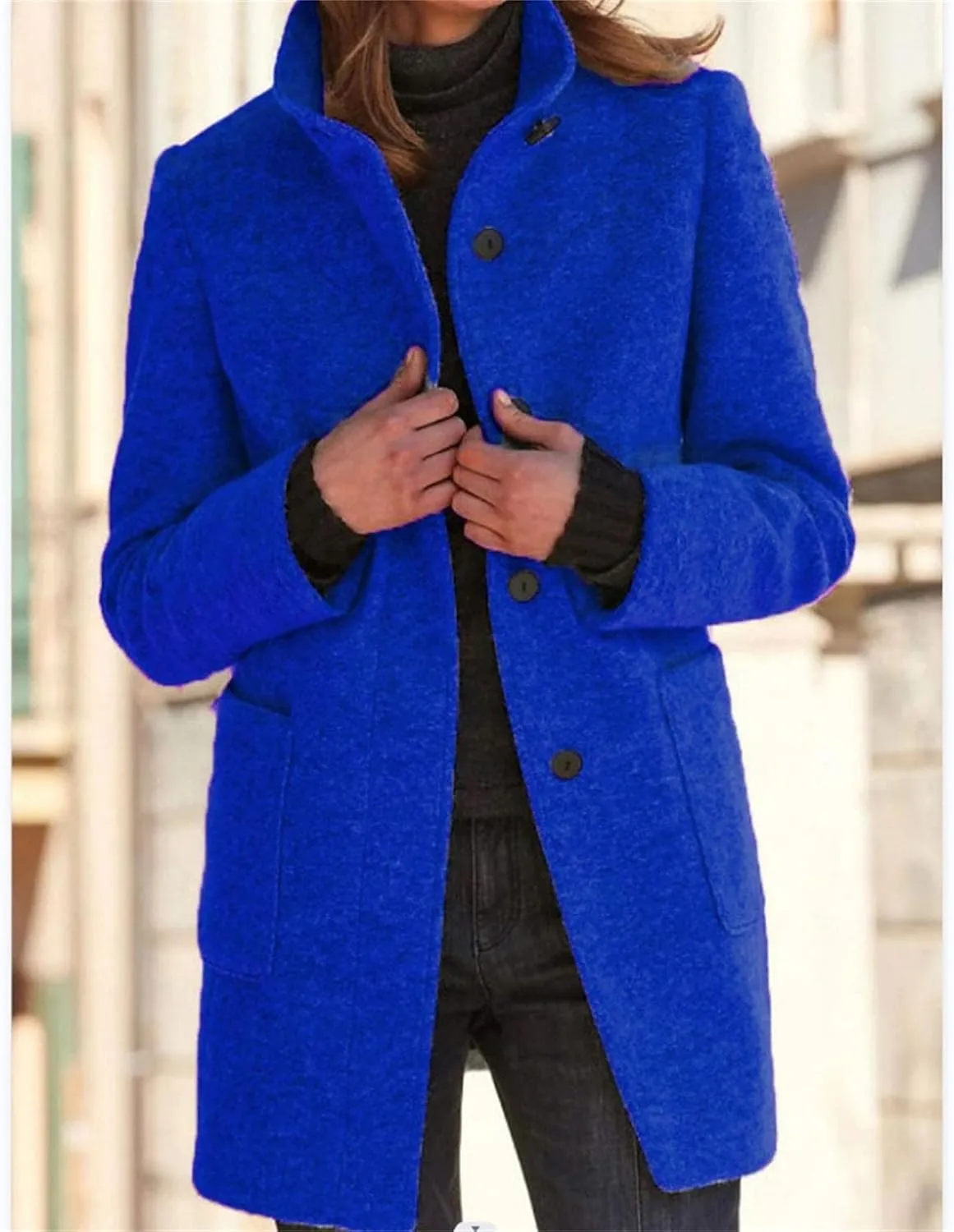 Maiyifu-GJ Womens Elegant Single Breasted Wool Trench Coat Casual Stand Collar Slim Fit Jacket Fall Long Sleeve Cardigan