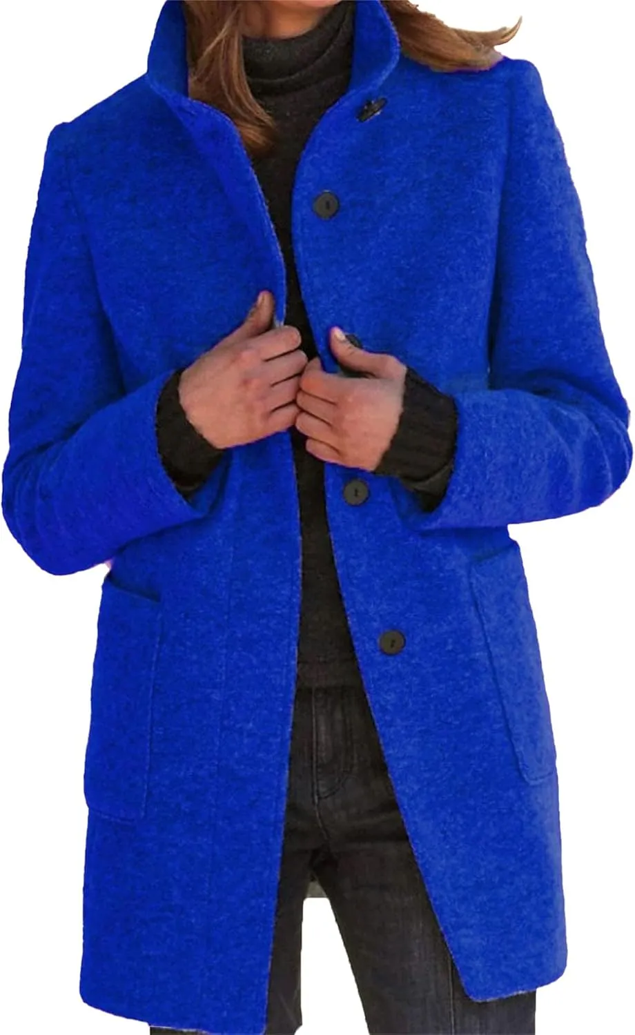 Maiyifu-GJ Womens Elegant Single Breasted Wool Trench Coat Casual Stand Collar Slim Fit Jacket Fall Long Sleeve Cardigan