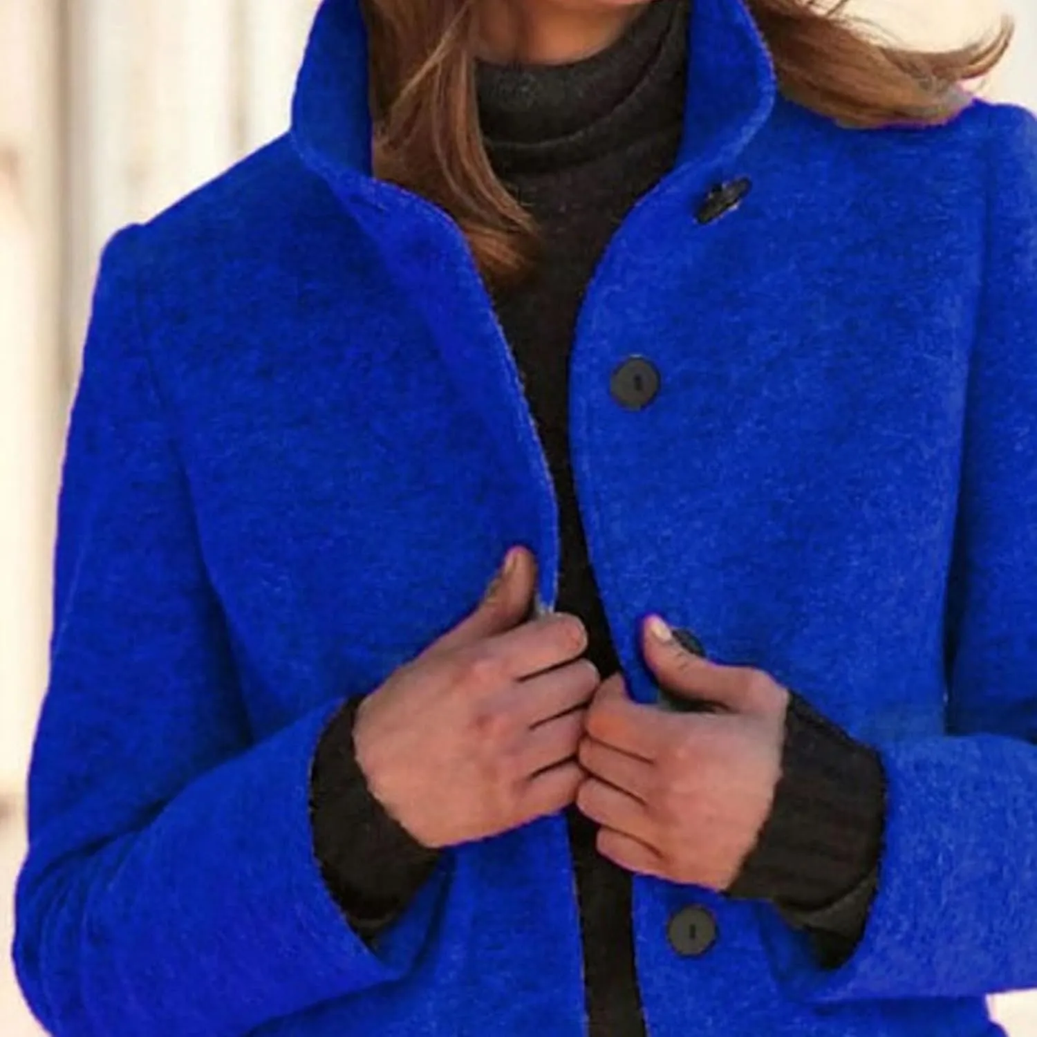 Maiyifu-GJ Womens Elegant Single Breasted Wool Trench Coat Casual Stand Collar Slim Fit Jacket Fall Long Sleeve Cardigan