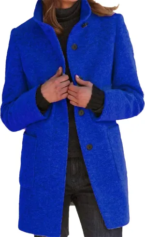Maiyifu-GJ Womens Elegant Single Breasted Wool Trench Coat Casual Stand Collar Slim Fit Jacket Fall Long Sleeve Cardigan