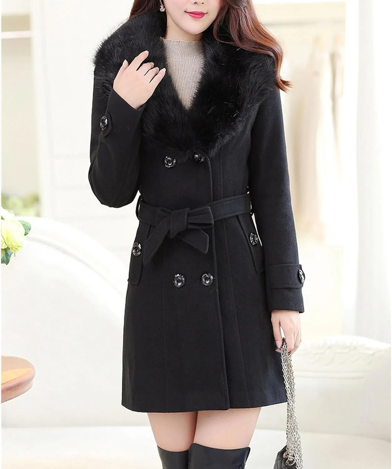 Maiyifu-GJ Women's Faux Fur Lapel Double Breasted Wool Trench Coat Winter Warm Mid-length Coat Jacket Overcoat with Belt