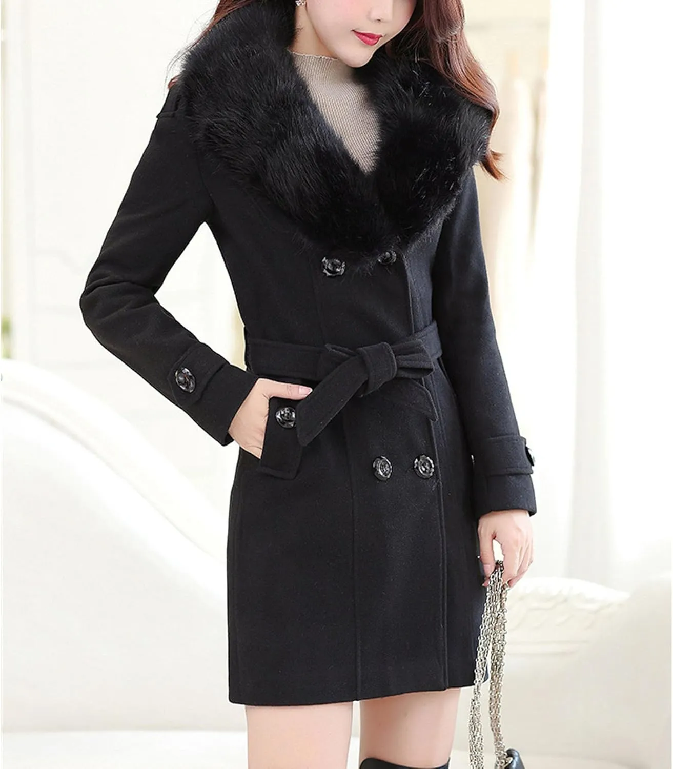 Maiyifu-GJ Women's Faux Fur Lapel Double Breasted Wool Trench Coat Winter Warm Mid-length Coat Jacket Overcoat with Belt