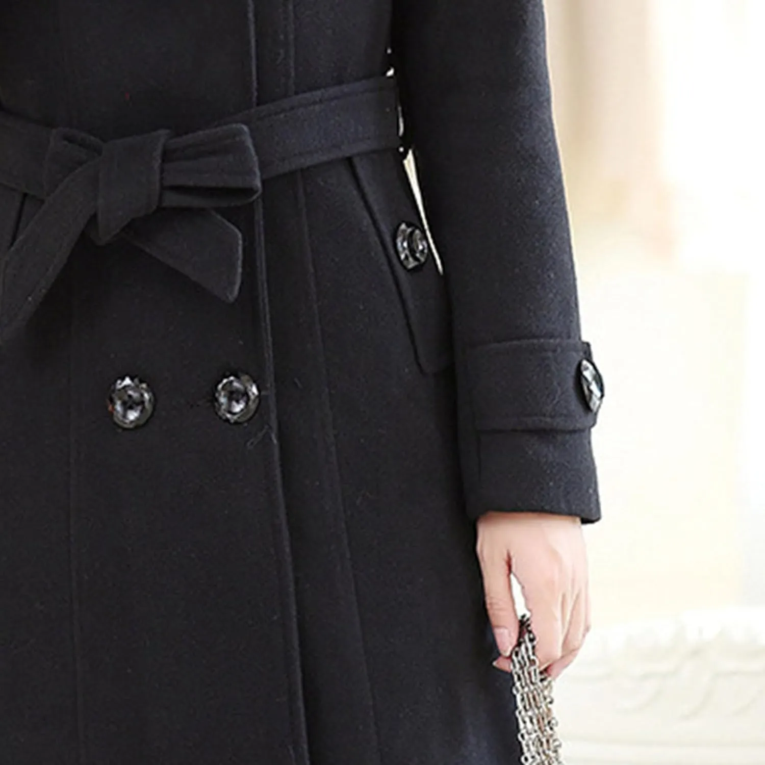 Maiyifu-GJ Women's Faux Fur Lapel Double Breasted Wool Trench Coat Winter Warm Mid-length Coat Jacket Overcoat with Belt
