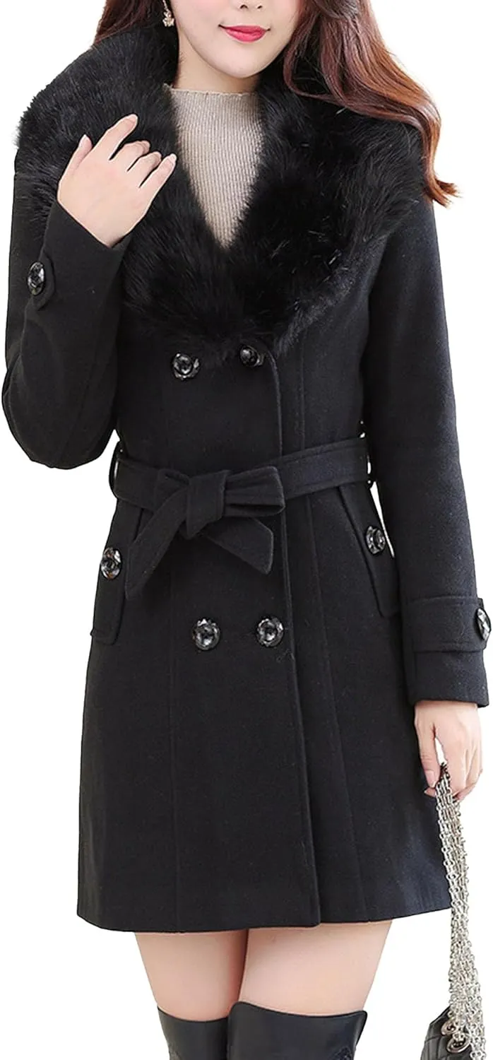 Maiyifu-GJ Women's Faux Fur Lapel Double Breasted Wool Trench Coat Winter Warm Mid-length Coat Jacket Overcoat with Belt