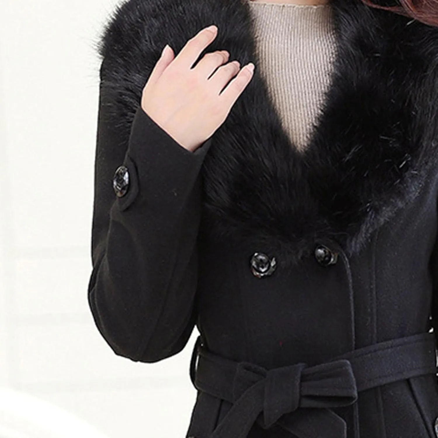 Maiyifu-GJ Women's Faux Fur Lapel Double Breasted Wool Trench Coat Winter Warm Mid-length Coat Jacket Overcoat with Belt