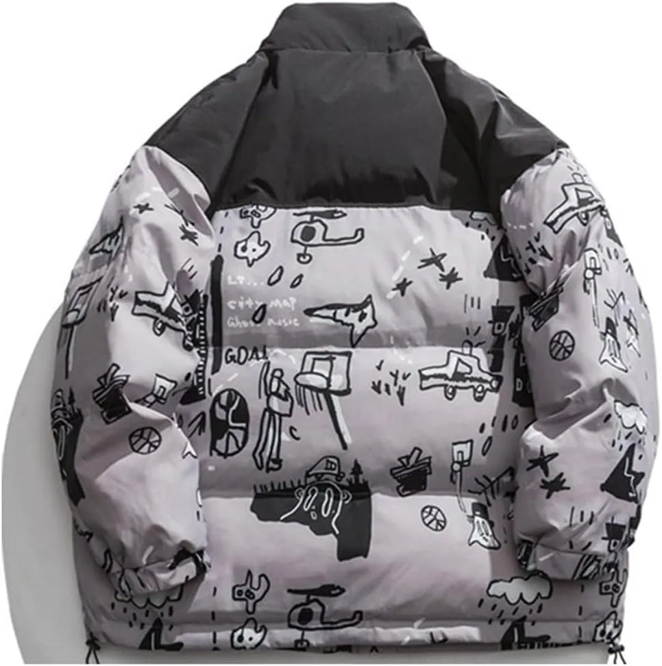 Mens Oversized Cotton Padded Parkas Streetwear Harajuku Graffiti Printed Zipper Coats